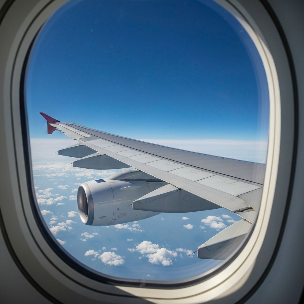 Airplane wing against blue sky and clouds